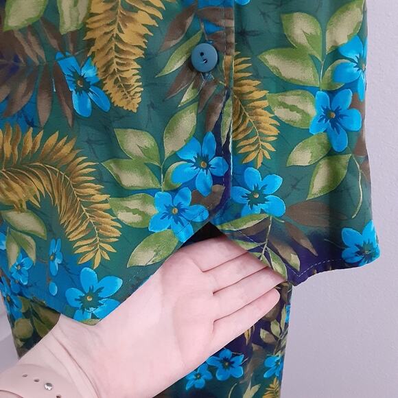 Vintage 80s Hawaiian Floral Two Piece Set High Rise Mini Skirt Button Crop Top L - Picture 7 of 14